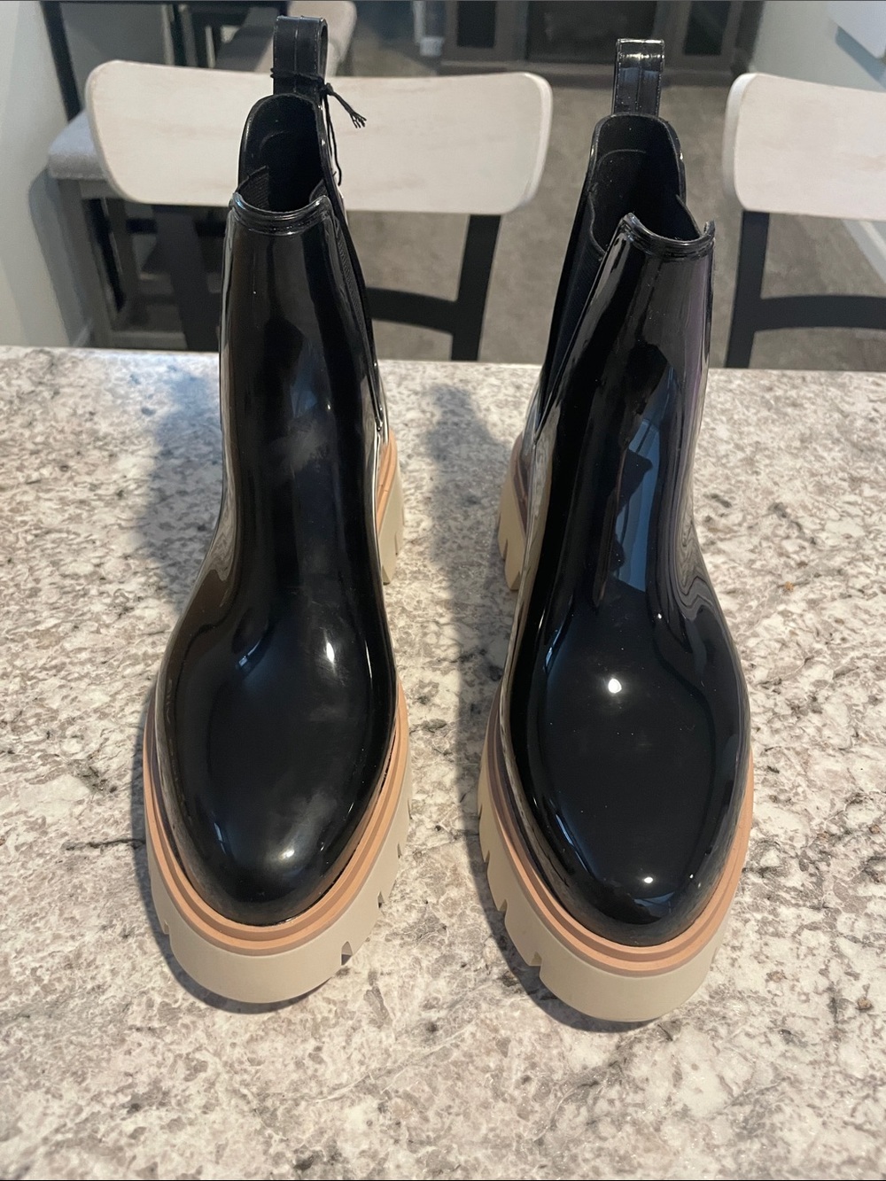 Dolce Vita Black Patent Chelsea Booties with Cream & Tan Platform